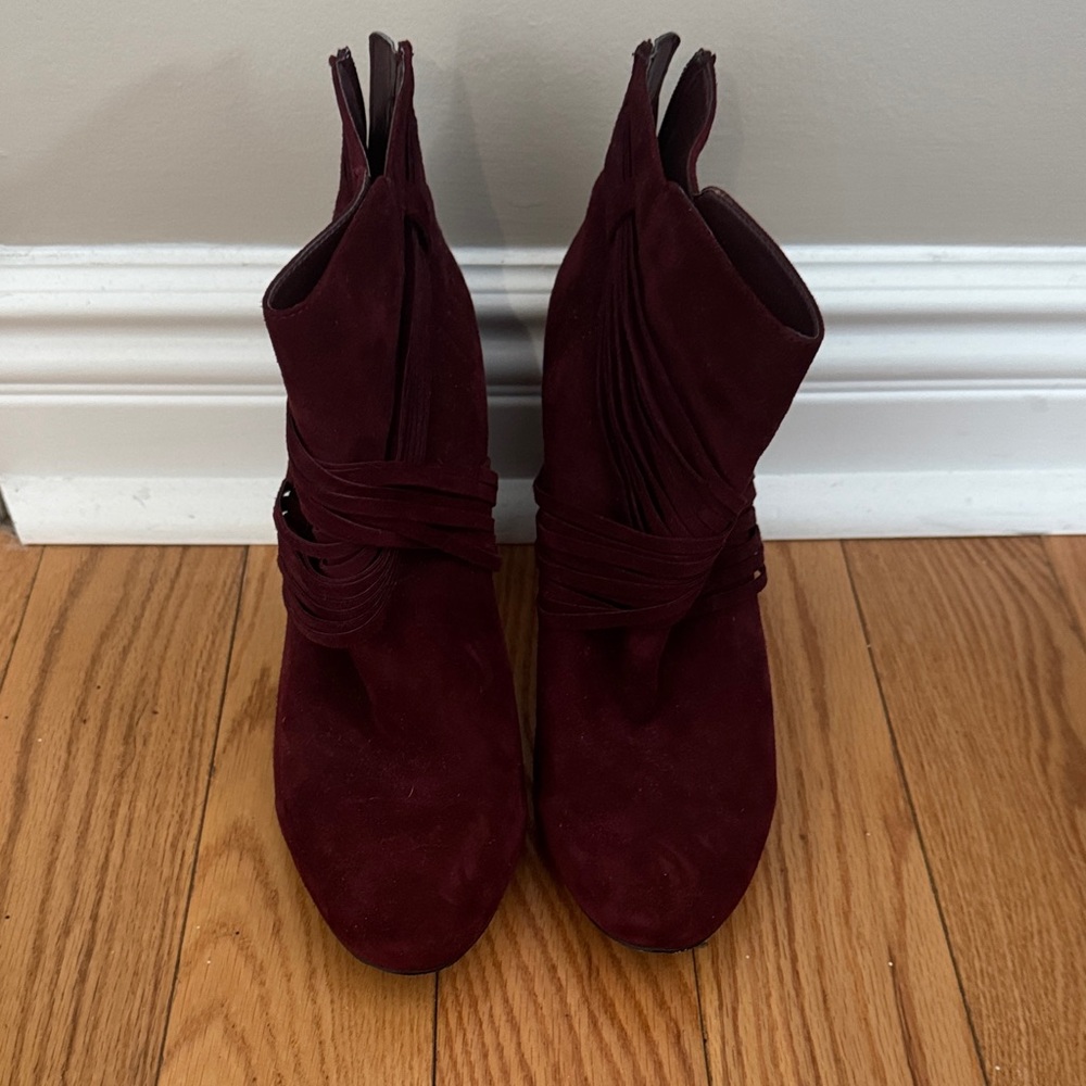 White House Black Market Burgundy Suede Ankle Booties with Wrapped Strap